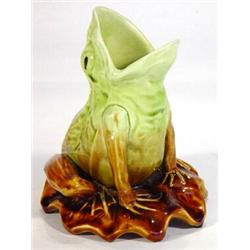 Victorian green and brown glazed Majolica open mouthed frog vase, 15cm high