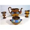 Image 1 : Victorian copper lustre pottery teapot, goblet, twin handled sugar bowl and cover and a jug, relief 