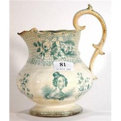 Early Victorian pottery jug with green transfer print to commemorate Queen Victoria, born 24th May 1