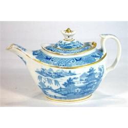 Early Victorian teapot transfer printed with blue and white 'Willow' pattern, 16cm high