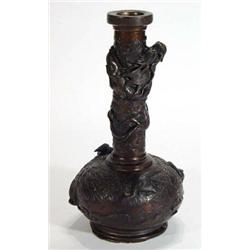 Japanese bronze vase cast with a dragon around the neck and birds amongst foliage, 30cm high