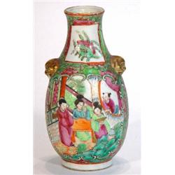 Cantonese porcelain vase hand enamelled with panels of figures and birds amongst flowers, marks to b