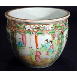 Cantonese jardiniere hand enamelled with panels of figures and birds amongst flowers, 20cm high