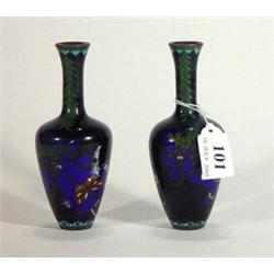 Small pair of slim necked Cloisonne vases, decorated with flowers and butterflies, 12cm high