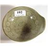 Image 1 : Small slate coloured oriental shallow lipped bowl with incised flowerheads, 13cm in diameter