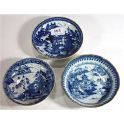 Three Chinese blue and white saucers decorated with chinoiserie scenes, largest 14cm diameter