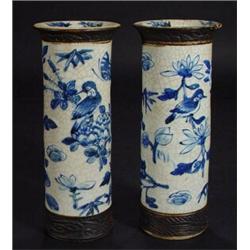 Pair of hand painted Chinese crackle glazed cylindrical vases, decorated with flowers and birds, 26c