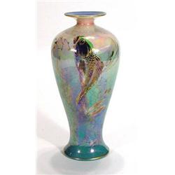 Shelley iridescent glazed vase, hand painted and gilded with carp onto a blue ground by Walter Slate