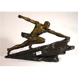 Bronze Art Deco hunter with outstretched arms clutching a spear, signed P. Lefaguags to base, 54cm i