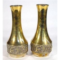 Pair of brass WMF vases decorated with a band of stylised flowers, marks to base, 26cm high