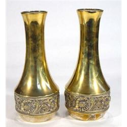 Pair of brass WMF vases decorated with a band of stylised flowers, marks to base, 26cm high