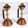 Image 1 : Pair of Dresser style Benham & Froud Arts and Craft brass, copper and oak single handled candlestick