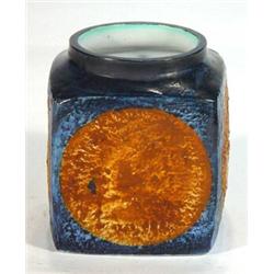 Square based Troika pottery vase, hand painted with orange circles onto a blue ground, painted marks