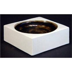 Black and white glazed square based Troika ashtray for Heals, London, painted marks and initials to 