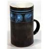 Image 1 : Early Troika mug hand painted with a band of blue circles and stripes onto a black ground 14cm high