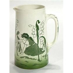 William Bennett Art Nouveau pottery jug, green transfer printed with child playing amongst stylised 