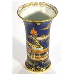 Carltonware chinoiserie vase hand enamelled and gilded with oriental figures in a boat and panels of