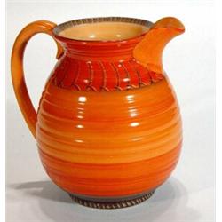 Orange and brown banded Shelley jug, marks to base, 18cm high