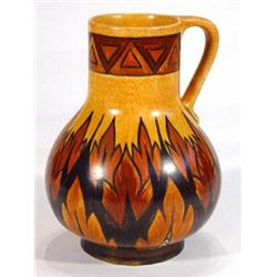 George Clews Chameleonware jug hand painted with brown flame pattern, marks to base, 21cm high