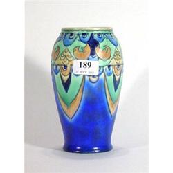 Crown Devon blue, green and yellow tube lined Grecian pottery vase, 19cm high