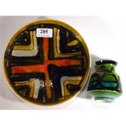 Poole pottery Delphis vase decorated with abstract green and blue pattern and a Delphis plate decora