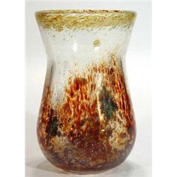 Art glass vase with mottled amber, orange, green and purple colouring, 24cm high