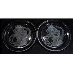 Pair of hand engraved clear glass plates decorated with a windswept Art Deco maiden by Michael Yates