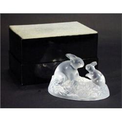 Boxed Sevres frosted glass rabbit group, marks to base, 10cm in length