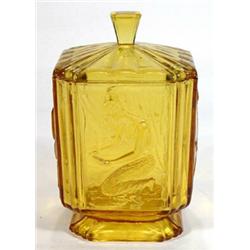 Moulded amber glass biscuit barrel and cover moulded with panels of Art Nouveau maidens, 20cm high