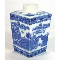 Square based Ringtons blue and white 'Willow' patterned tea caddy, marks to base, 18cm high