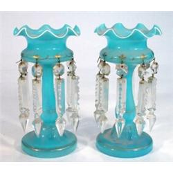 Pair of Victorian blue glass gilded lustres with cut glass drops and fluted rims, 25cm high