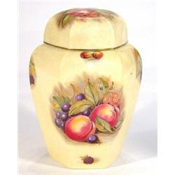 Hexagonal Aynsley ginger jar and cover printed with fruit by D. Jones, marks to base, 22cm high