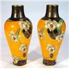 Image 1 : Pair of Victorian pottery vases, printed and gilded with flowers onto an orange ground, 30cm high