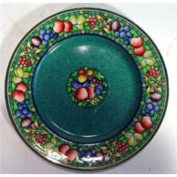 Mintons Rotique patterned plate, hand coloured and transfer printed with fruit onto a green ground, 