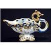 Image 1 : Hand painted French faience chamberstick with pierced rim and serpent handle, painted marks to base,