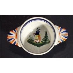 Hand painted Quimper twin handled bowl decorated with peasants, marks to base, 15cm in length