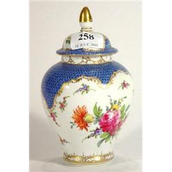 Dresden hand coloured floral patterned vase and cover.20cm high