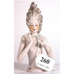 Hand painted porcelain pin lady, 14cm high