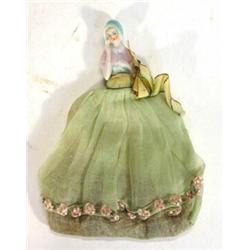 Hand painted Victorian porcelain pot pourri lady with floral green dress, 17cm high