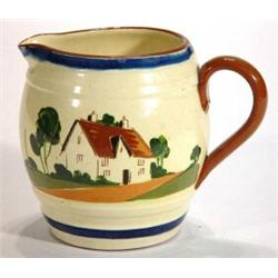 Large mottoware jug, hand painted with cottage and verse, marks to base, 15cm high