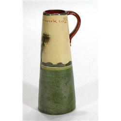 Slender mottoware single handled vase, hand painted with a cottage, 20cm high