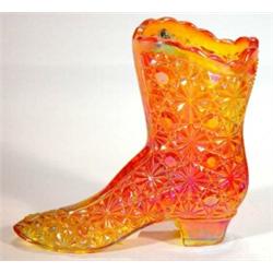 Orange Fenton Carnival glass boot shaped vase, 11cm high