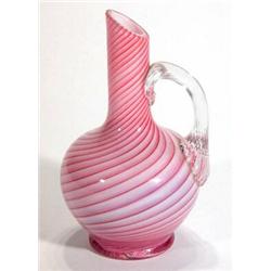 Victorian glass jug with clear handle and twisted pink and white bands, 20cm high