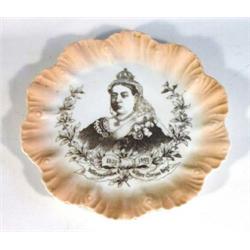 Transfer printed porcelain plate commemorating the Diamond Jubilee of Queen Victoria, marks to back,