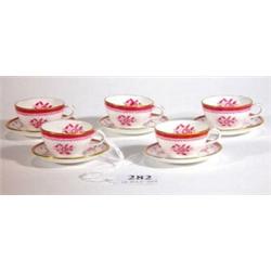 Five miniature Spode cups and saucers printed with fleur-de-lys and floral pattern, marks to base