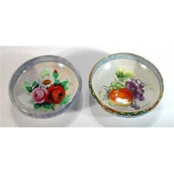 Two Noritake porcelain bowls, hand painted with sprigs of flowers and fruits onto iridescent glazed 