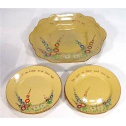 Goss pottery sandwich plate and five side plates hand painted with mottoes and flowers, marks to bas