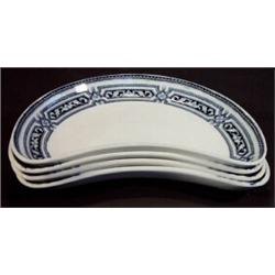 Four Mintons blue and white transfer printed kidney shaped side plates, impressed and printed marks 