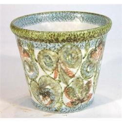 Denby stoneware plant pot hand painted with stylised leaves, marks to base, 16cm high