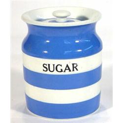 T.G. Green Cornishware blue banded sugar storage jar, black shield to base, 16cm high